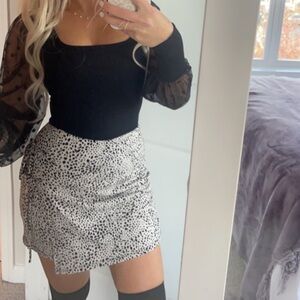 Black Puff-Sleeve Mesh Detail Ribbed Women’s Top